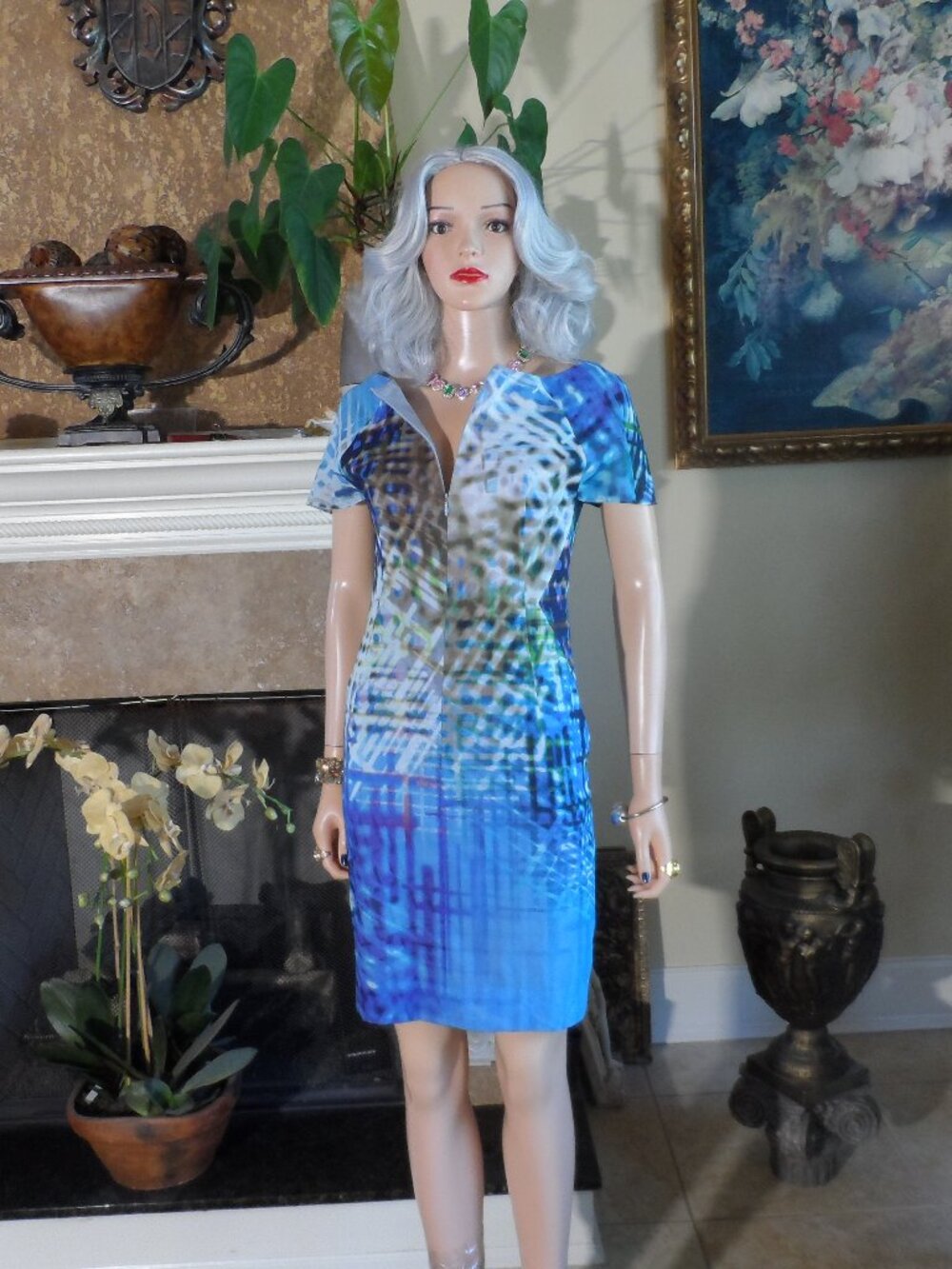 Akris Light Blue Abstract Print Zip-Front Sheath Dress US 4
